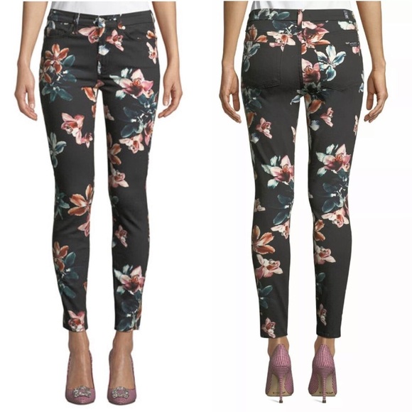 7 For All Mankind Floral Print Ankle Skinny Jeans 7 FAM Black (size 24) - Picture 2 of 7